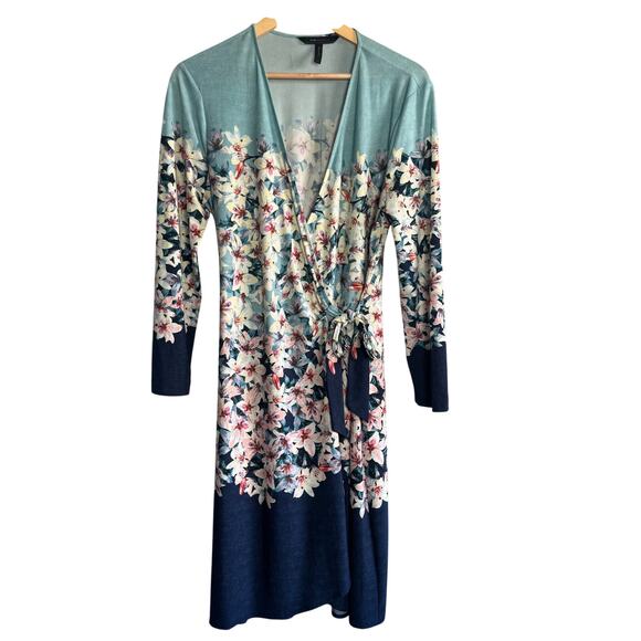 BCBGMAXAZRIA Floral Long Open Front Wrap Dress Kimono Duster Size Large - Picture 1 of 7